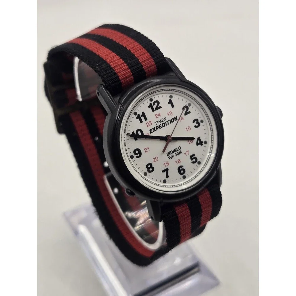 Timex Expedition Camper Indiglo 33mm Watch White Dial. Red-Black NATO strap.